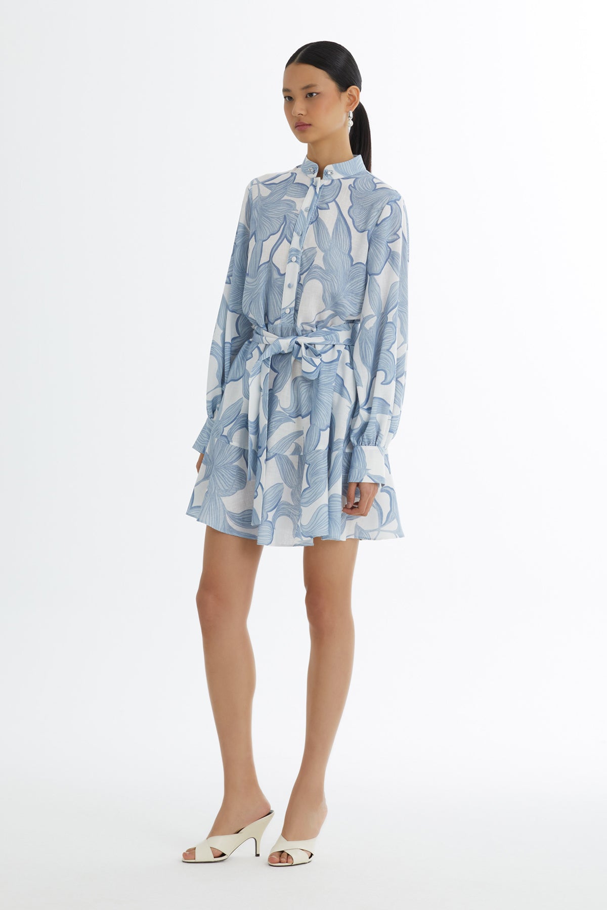 Blue Embroidered Ruffle Pattern Dress