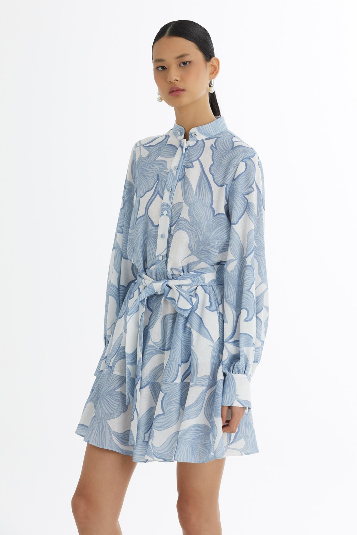 Blue Embroidered Ruffle Pattern Dress