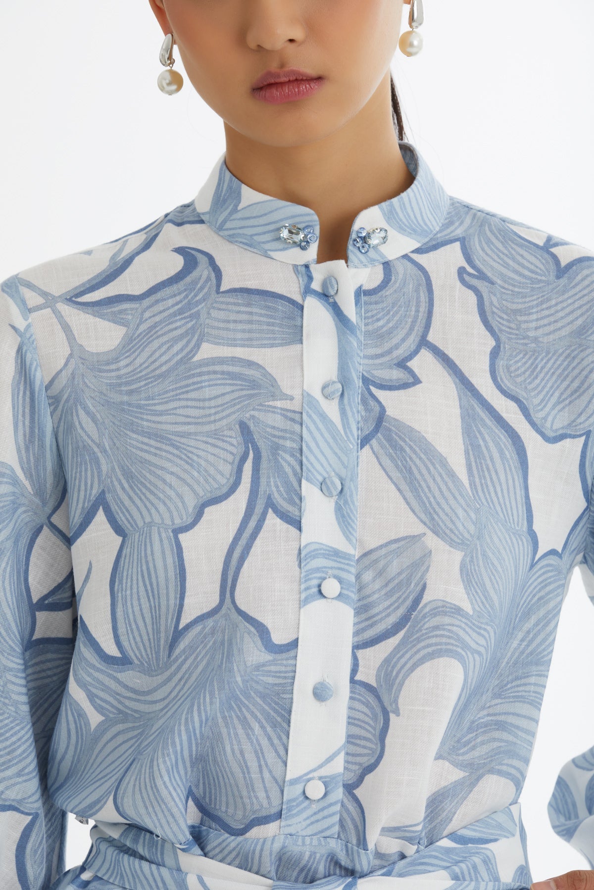 Blue Embroidered Ruffle Pattern Dress