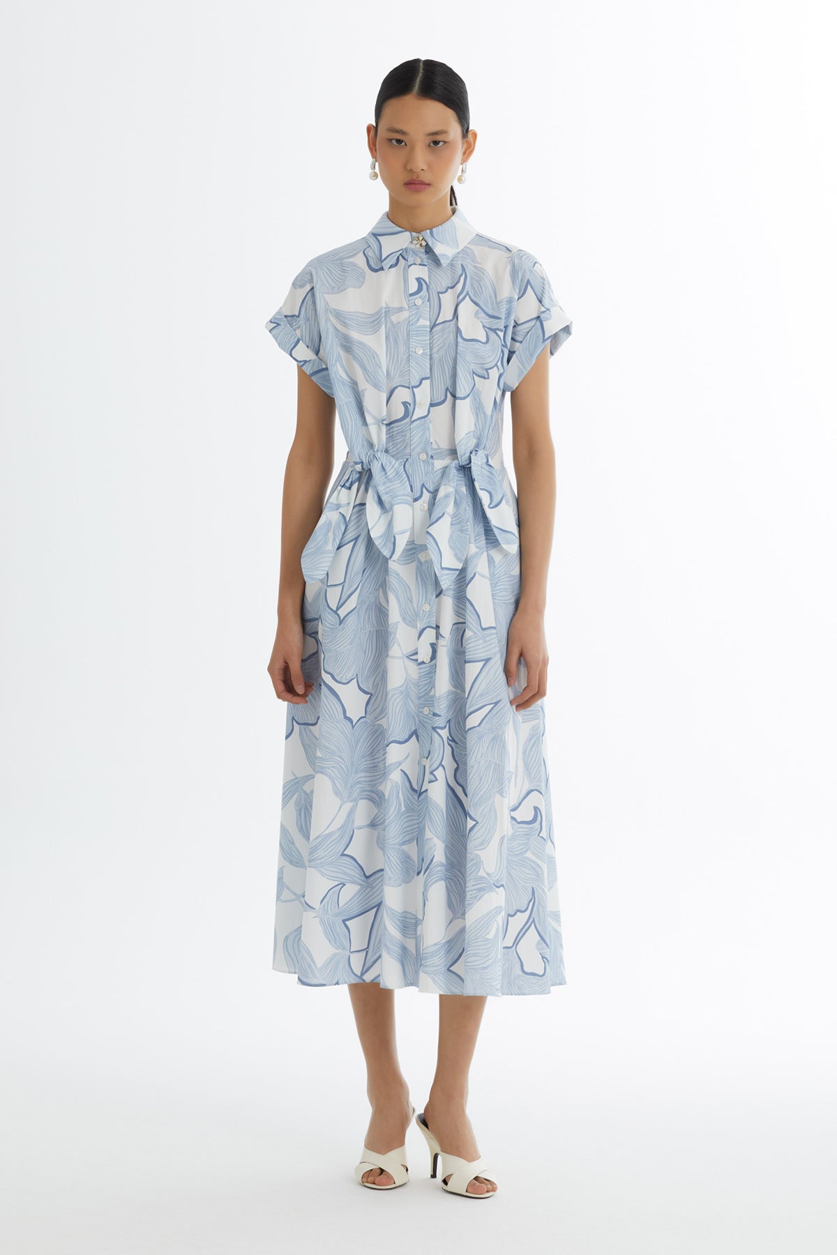 Blue Shirt Collar Patterned Dress