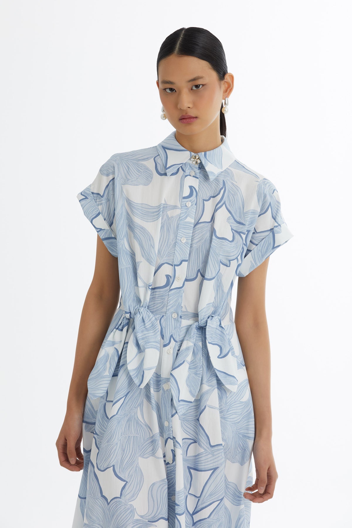 Blue Shirt Collar Patterned Dress