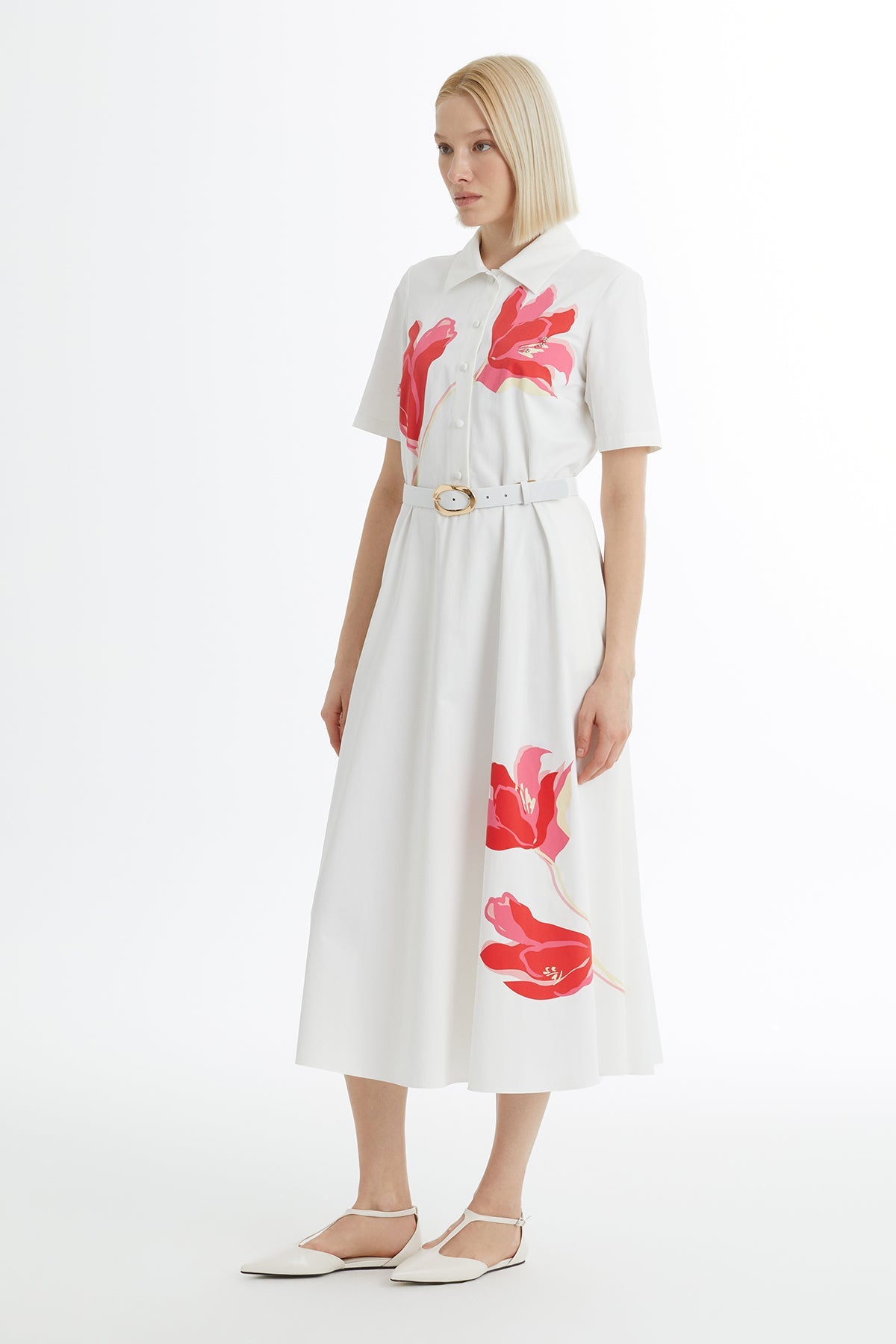 Ecru Printed Embroidered Midi Dress