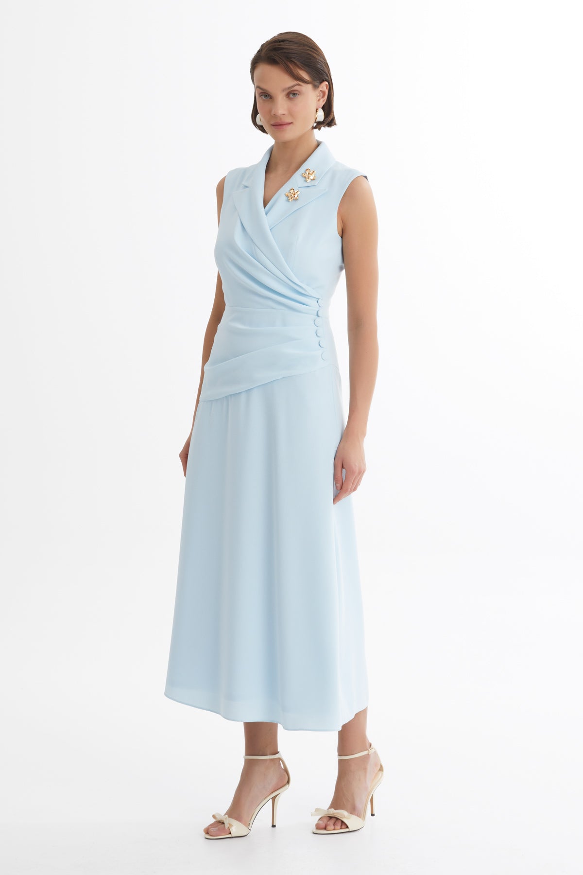 Blue Pleated Waist Brooch Detail Midi Dress