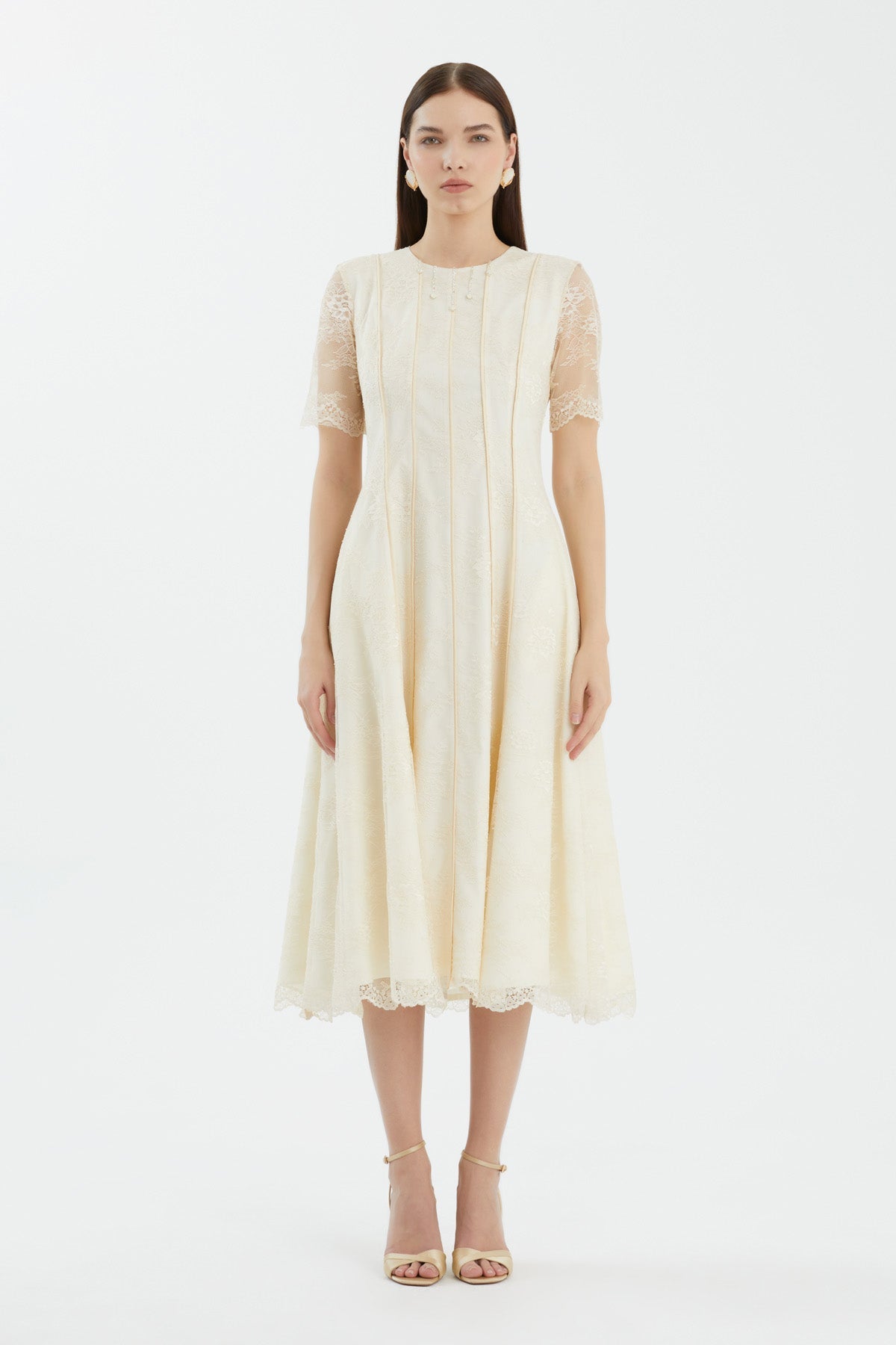 Beige Embroidered Lace Detailed Midi Dress