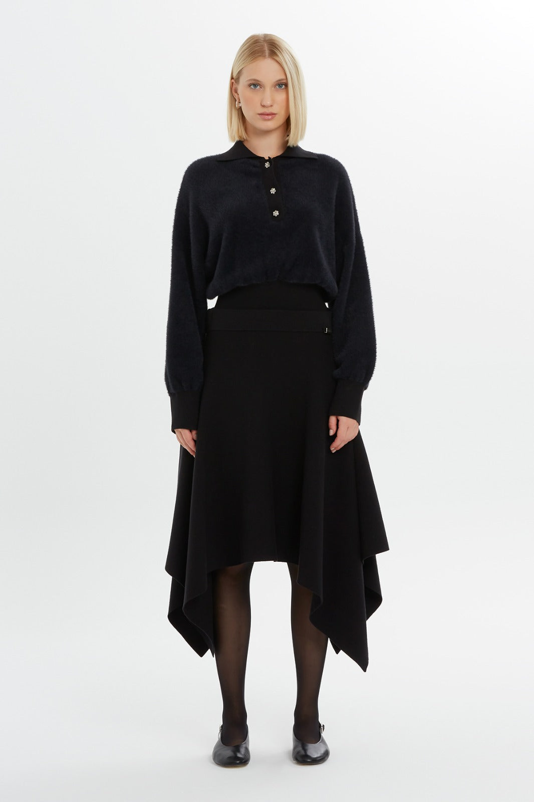 Elasticated Waist Asymmetric Cut Knit Skirt Black N