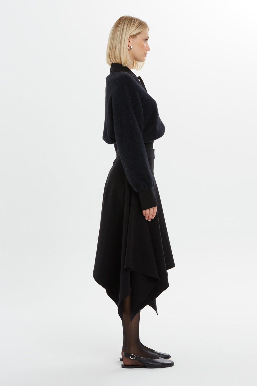 Elasticated Waist Asymmetric Cut Knit Skirt Black N