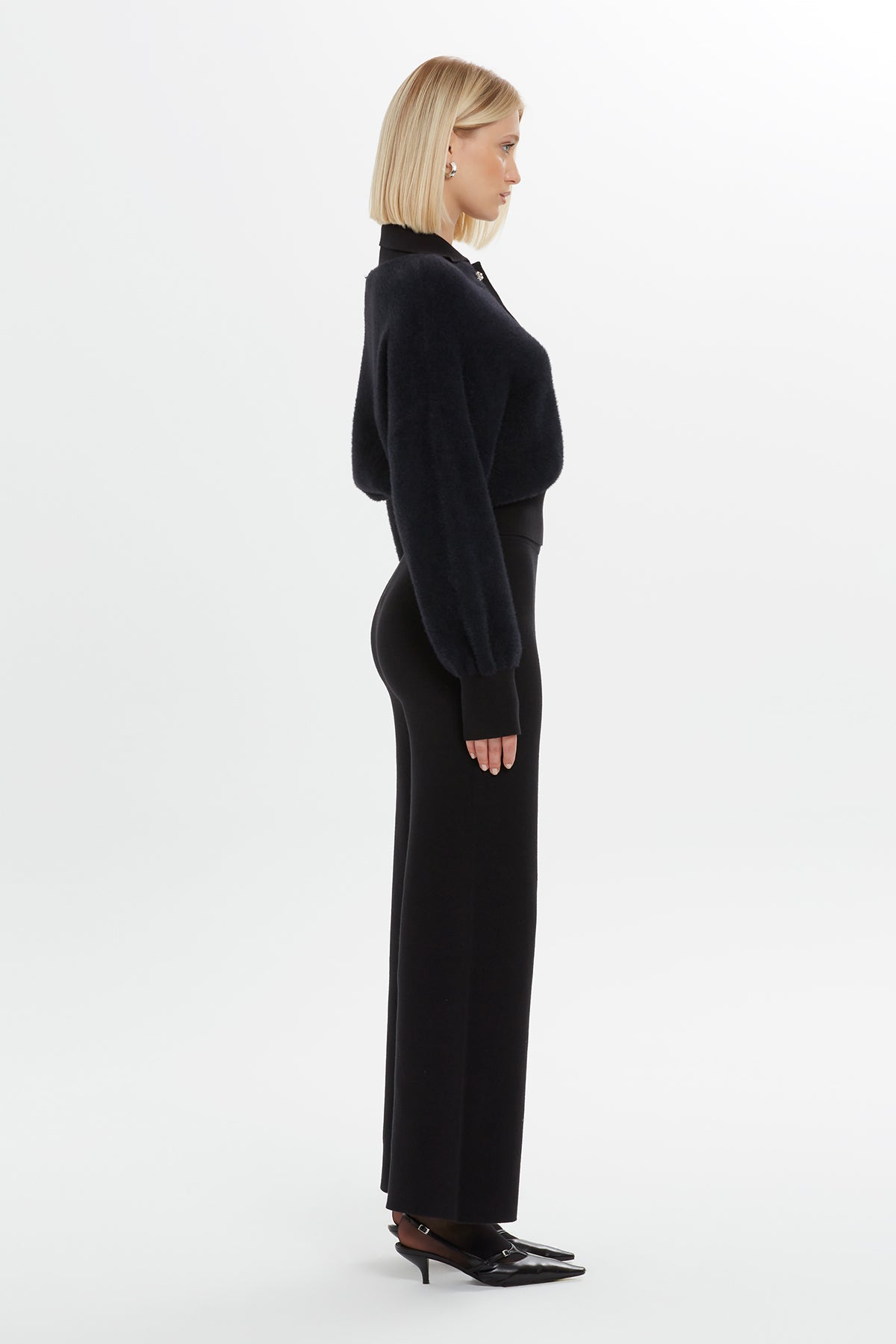 Shirt Collar Front Button Detail Black Blouse N