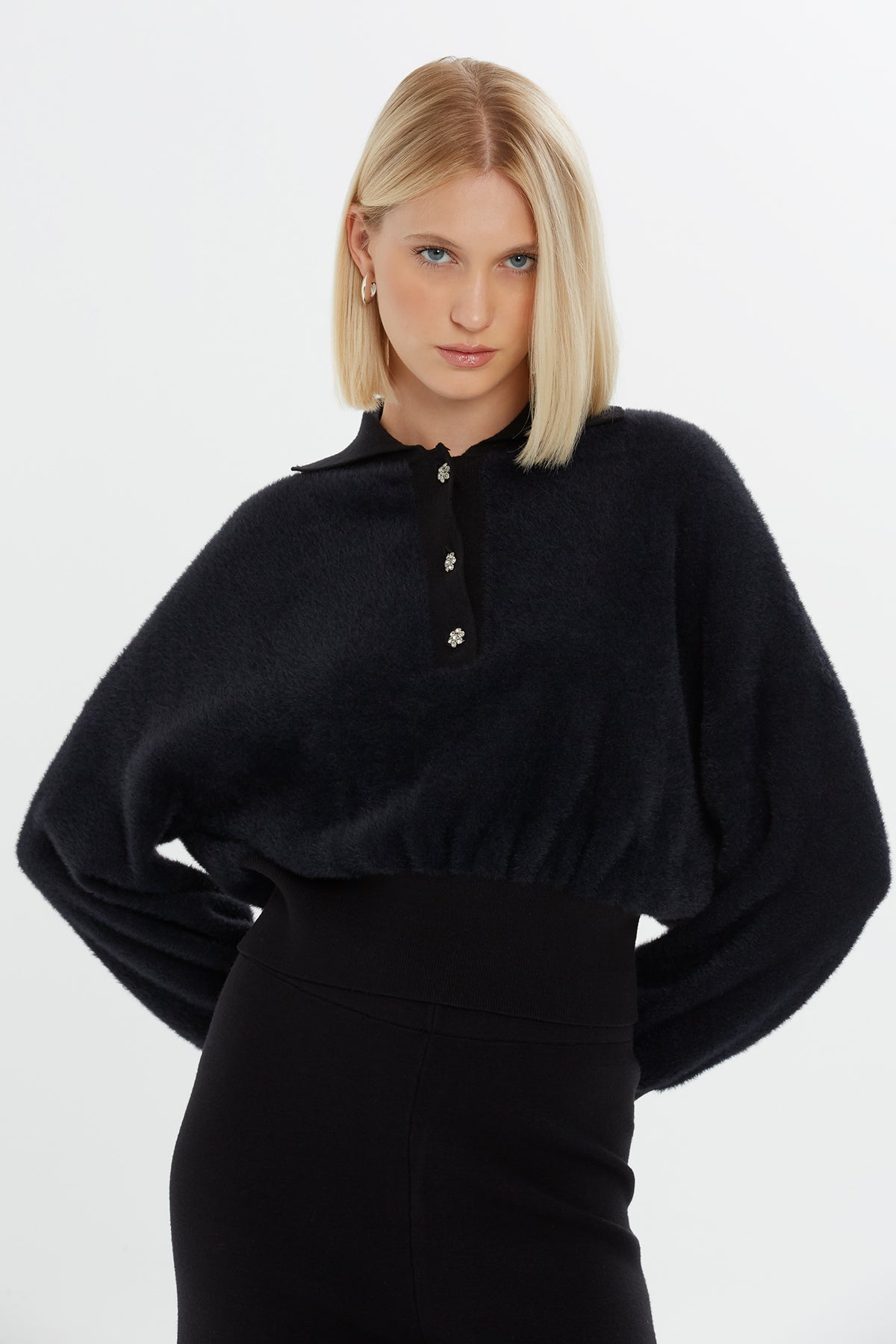 Shirt Collar Front Button Detail Black Blouse N