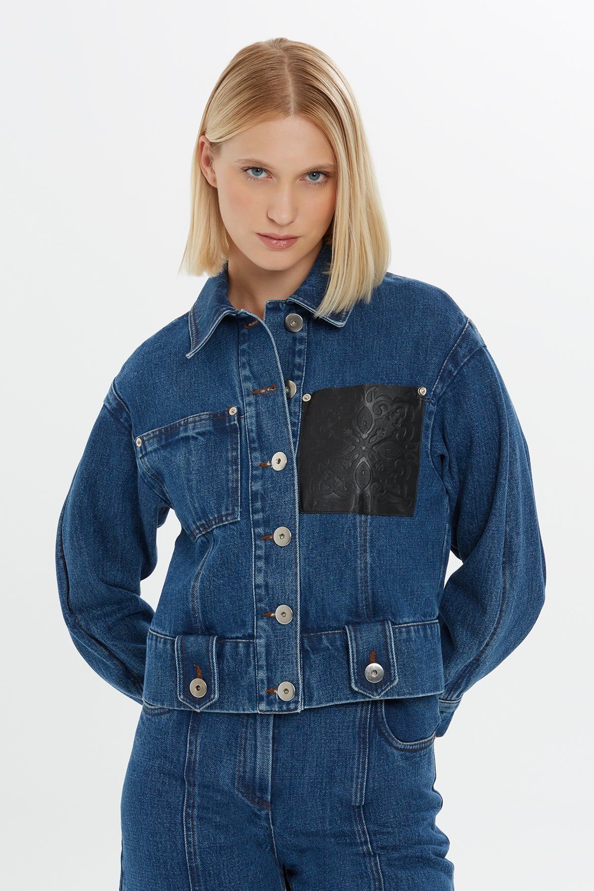 Short Denim Jacket with Leather Details N