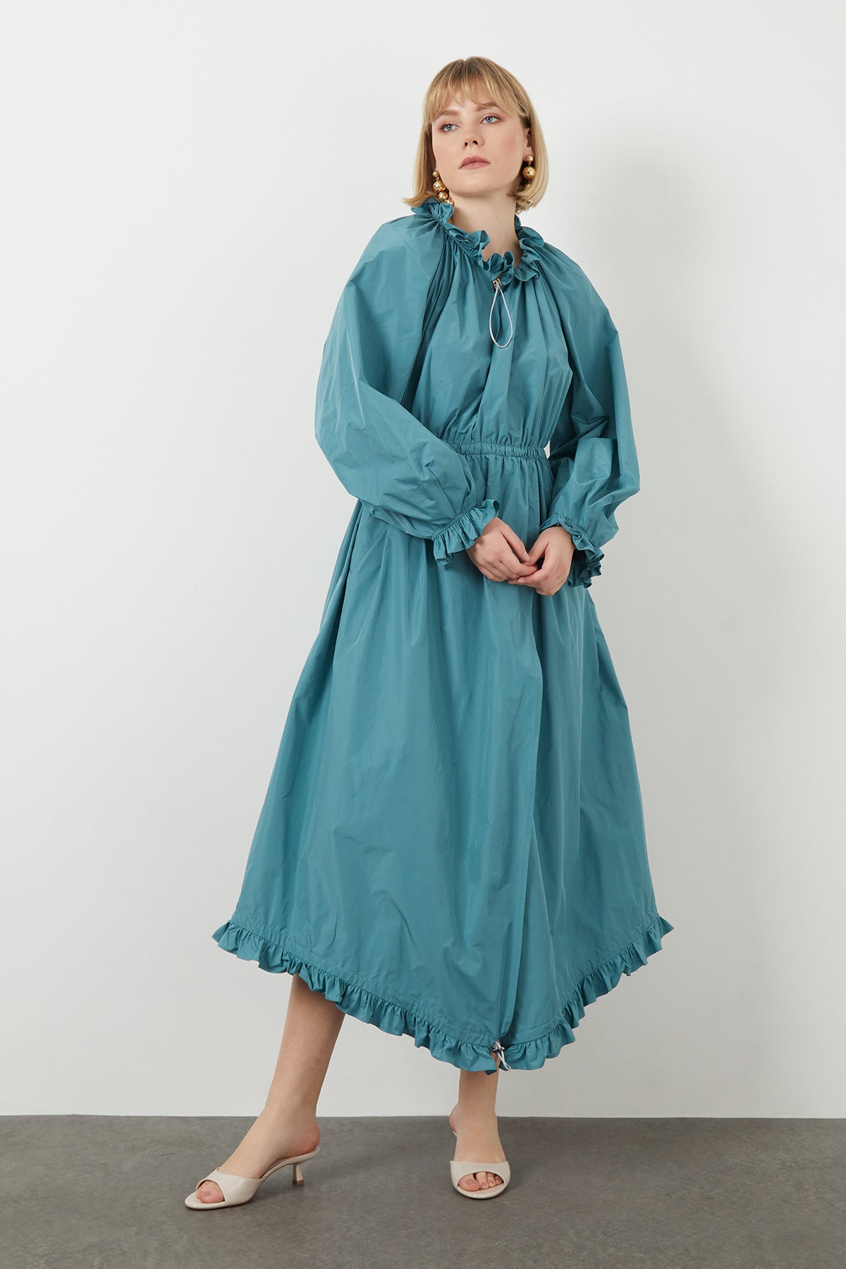 Turquoise Dress with Ruffles and Gathered Waist N