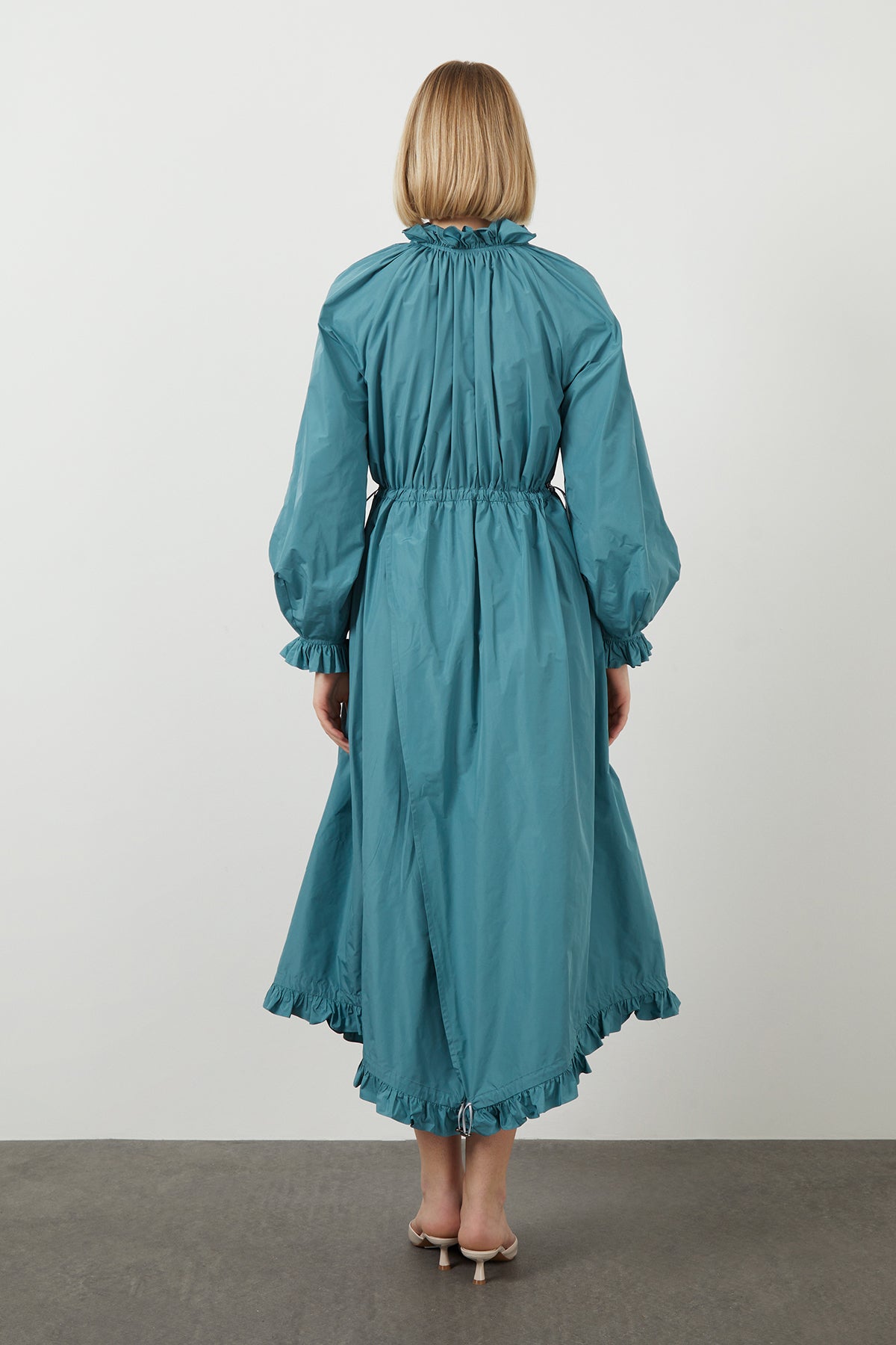 Turquoise Dress with Ruffles and Gathered Waist N
