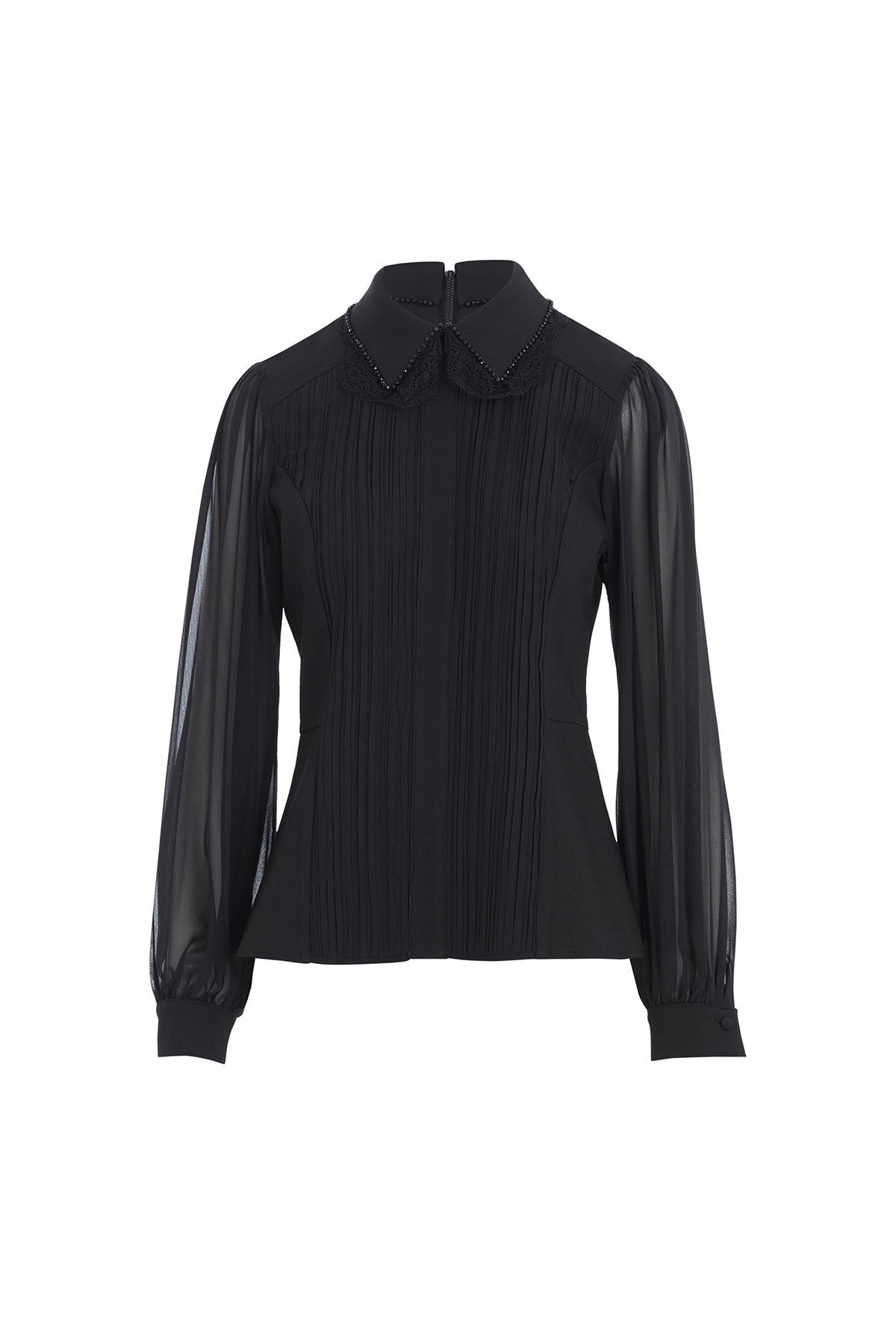 Black Pleated Shirt with Lace Collar
