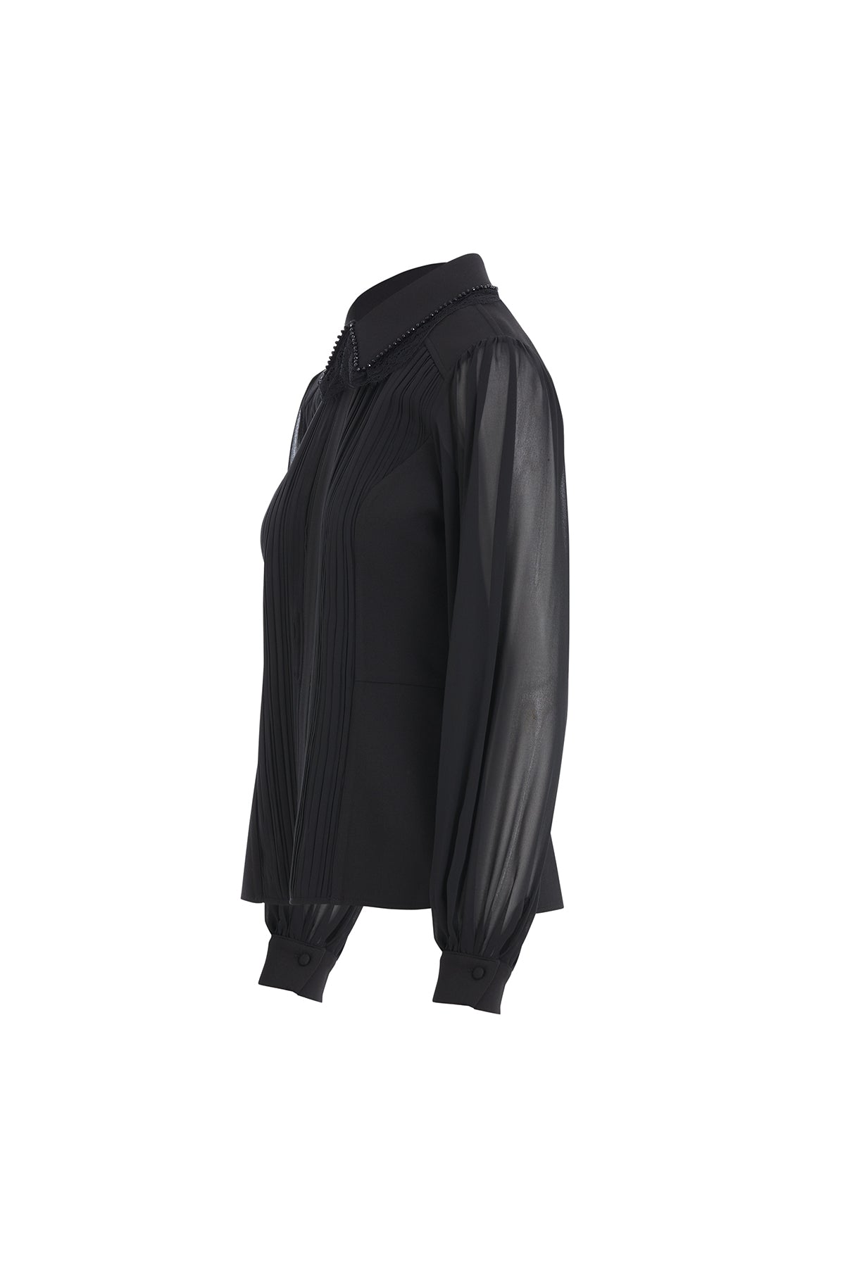 Black Pleated Shirt with Lace Collar