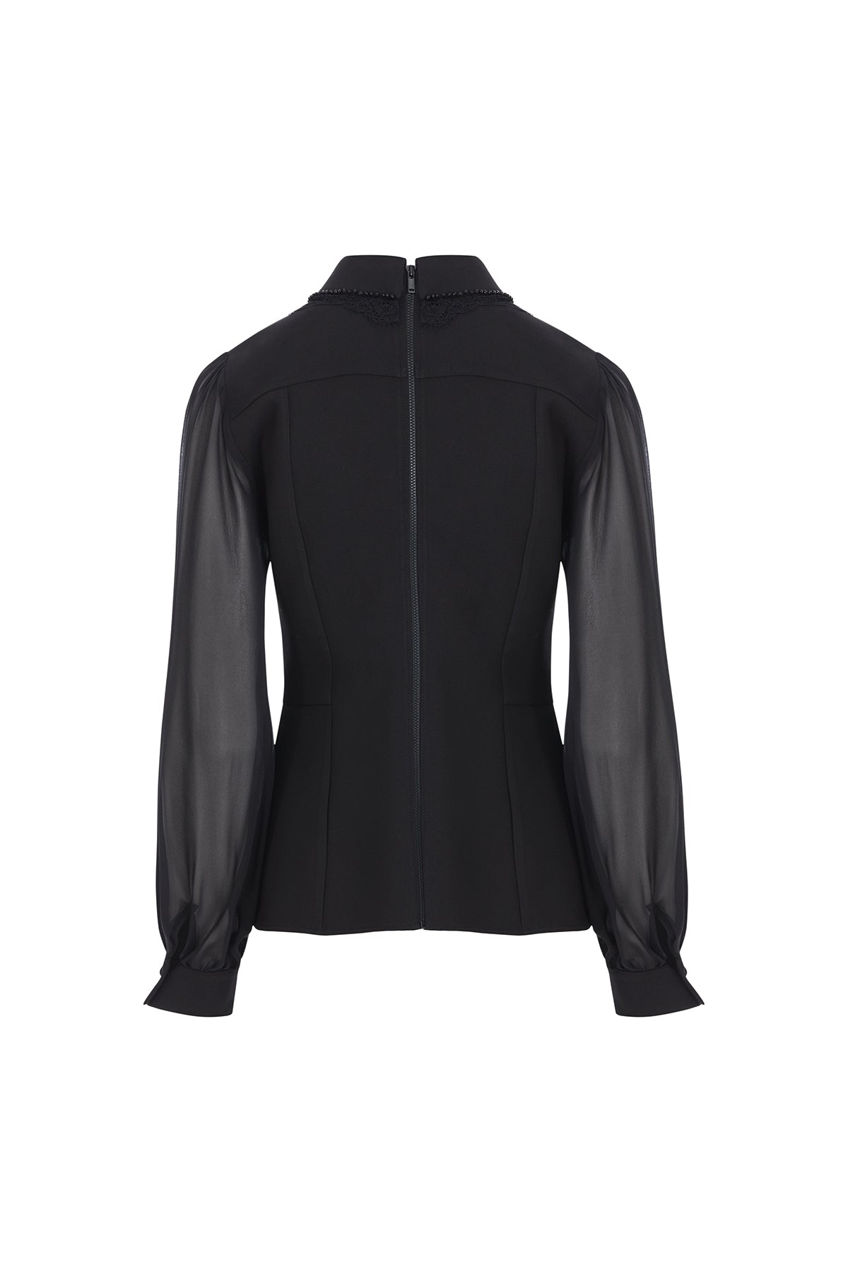 Black Pleated Shirt with Lace Collar